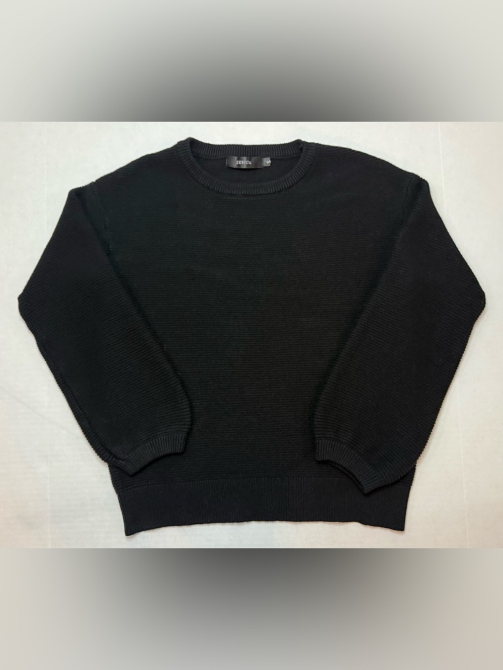 Zesica Lantern Sleeve Loose Ribbed Crewneck Pullover Sweater Black Size S